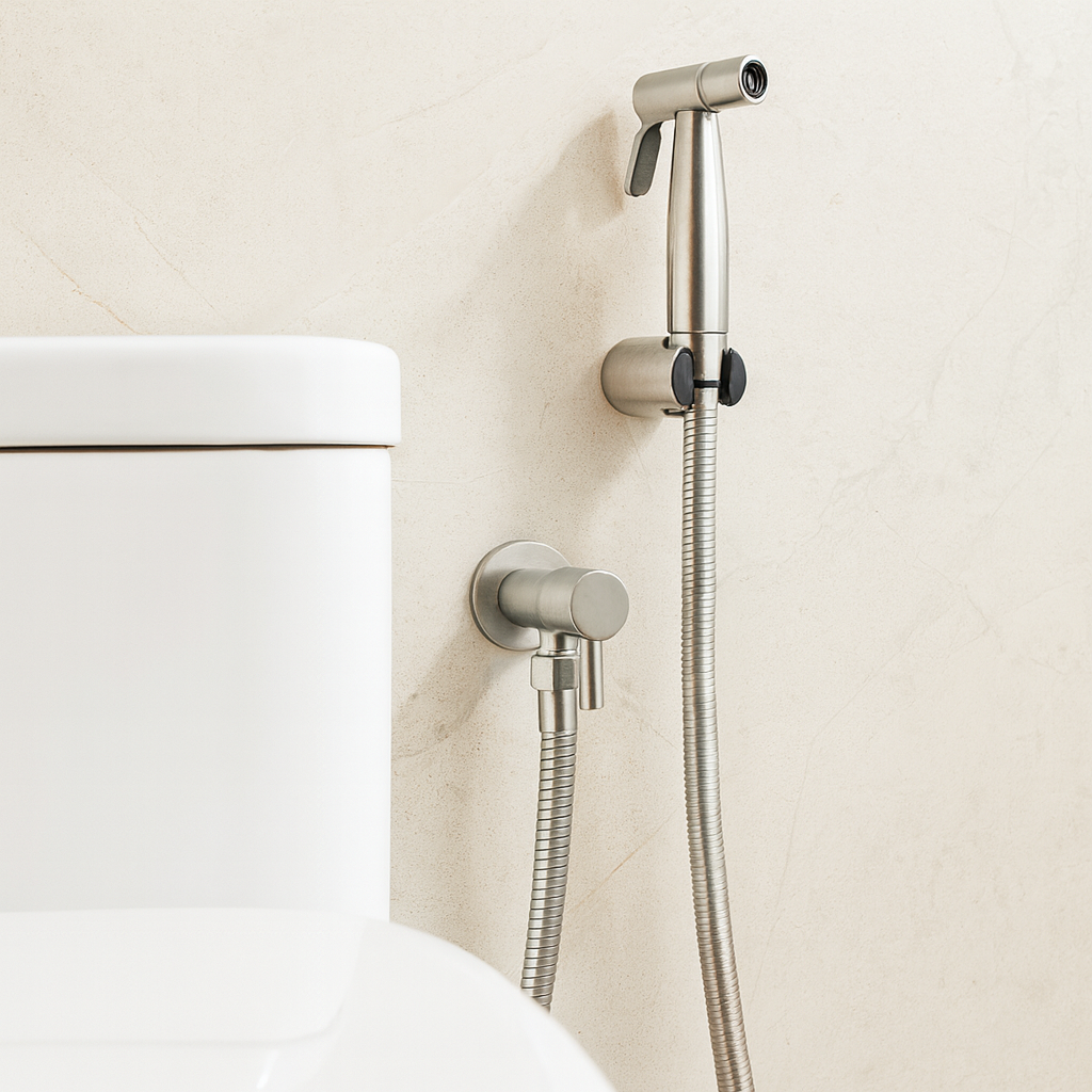 Spray bidet mural en acier inoxydable pour WC, offrant une hygiène optimale et nettoyage écologique des toilettes.