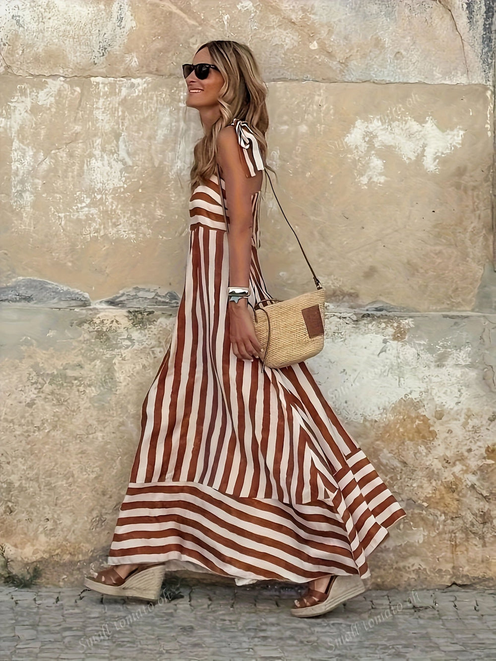 Robe longue femme fluide rayée, fines bretelles. Look estival, élégant et décontracté pour les vacances.