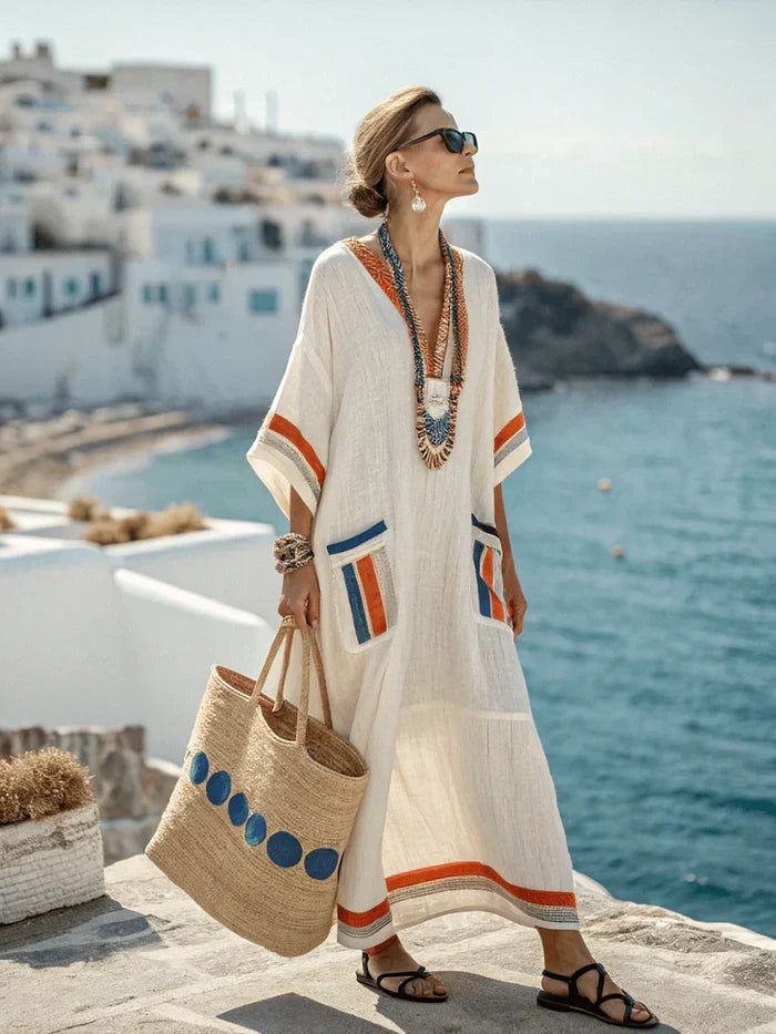 Robe kaftan maxi femme bohème fluide, col V, manches mi-longues. Idéale pour l'été, plage et vacances.