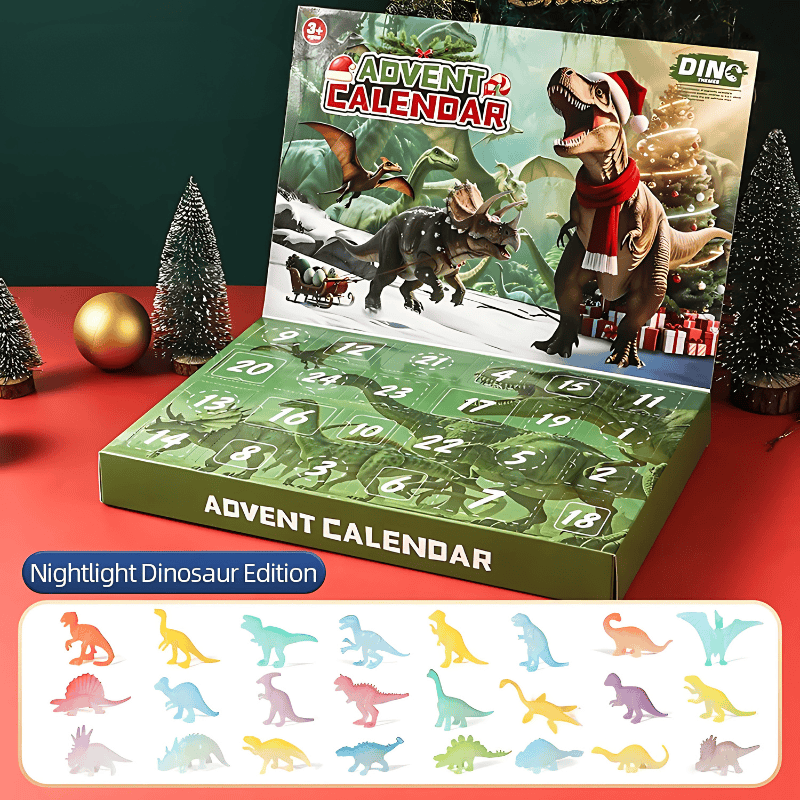 Calendrier de l'Avent dinosaures pour enfants, jouets préhistoriques et surprise veilleuse incluse.