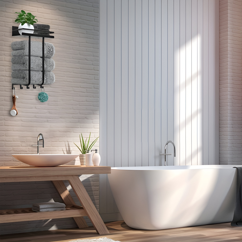 Rangement mural robuste pour serviettes noir en métal, avec étagère et crochets, idéal pour optimiser l'espace salle de bain.