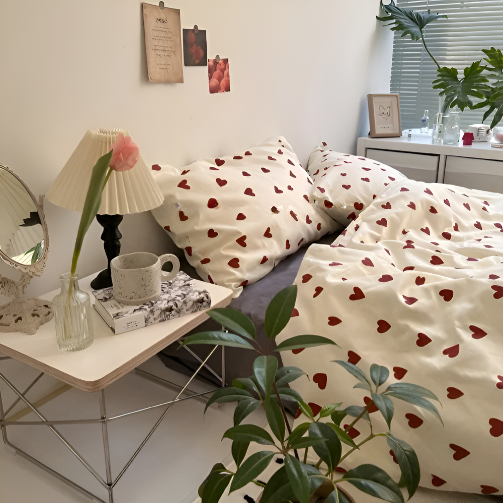 Motif cœurs colorés sur housse de couette polyester, literie confortable. Décoration romantique chambre enfant ou adulte.