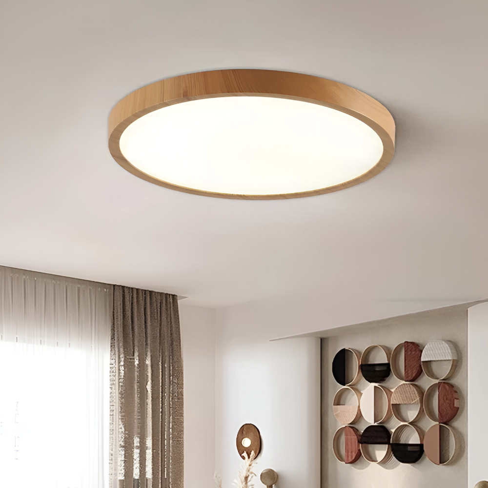 Lampe de plafond LED ronde ultra-fine, style noyer, éclairage moderne pour intérieur.