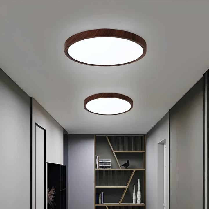 Plafonnier LED rond design moderne en noyer, ultra-plat, pour une luminosité élégante.