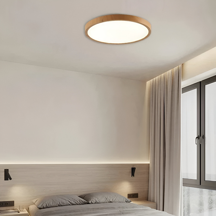 Lampe de plafond LED ronde à économie d'énergie, finition noyer élégante, éclairage intérieur.