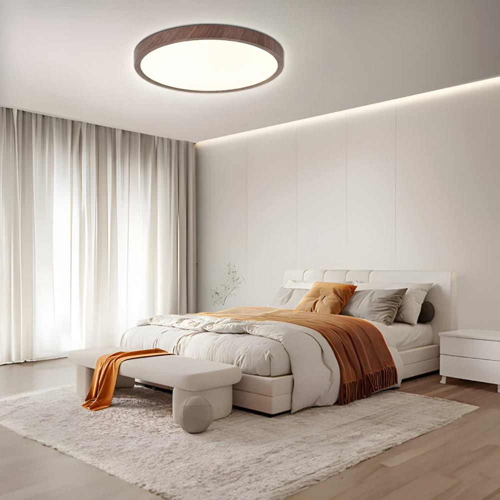 Plafonnier LED rond ultrafin style noyer, idéal pour éclairage moderne et discret.