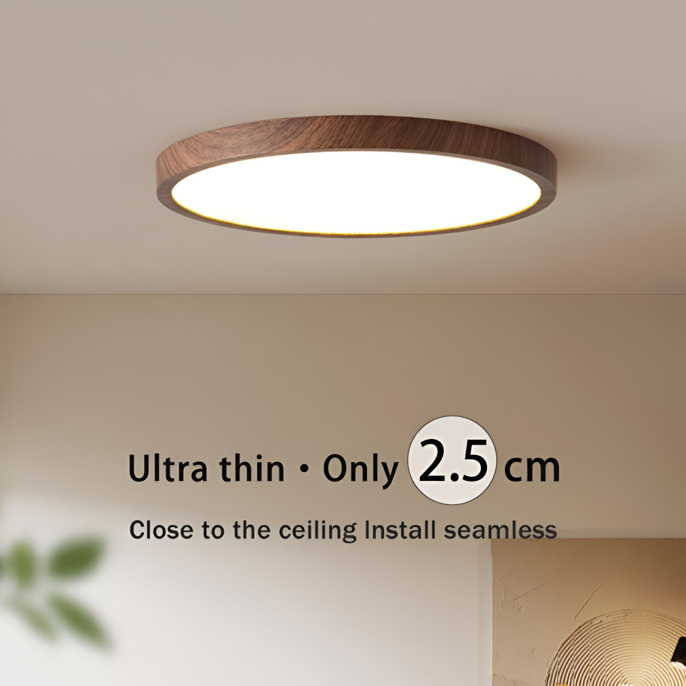 Luminaire plafond LED rond aspect noyer, design contemporain et lumière efficace.