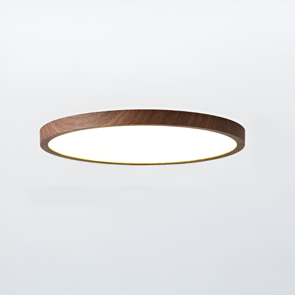 Éclairage de plafond LED rond, style noyer, moderne, pour salon ou chambre, design épuré.