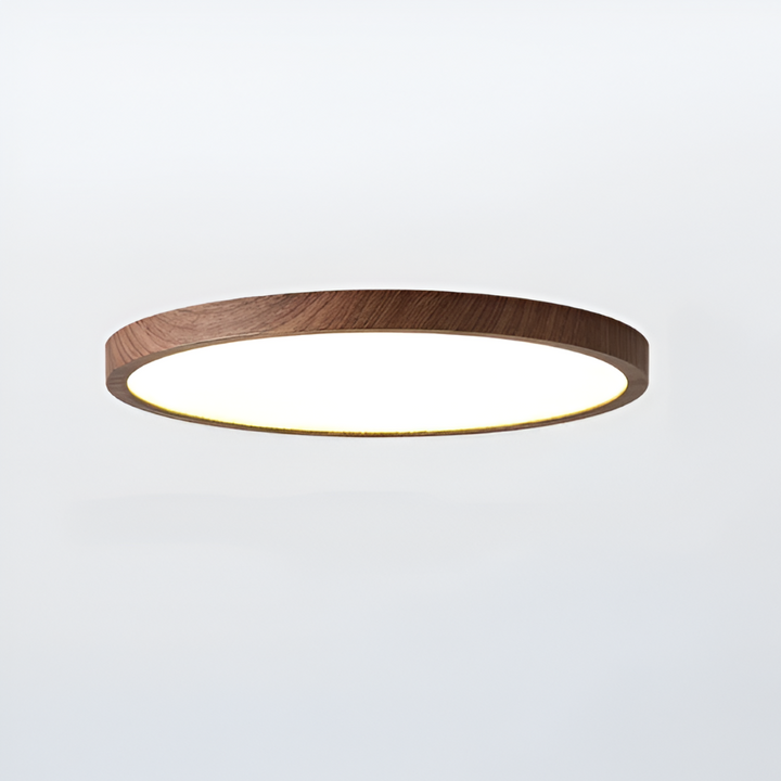 Éclairage de plafond LED rond, style noyer, moderne, pour salon ou chambre, design épuré.