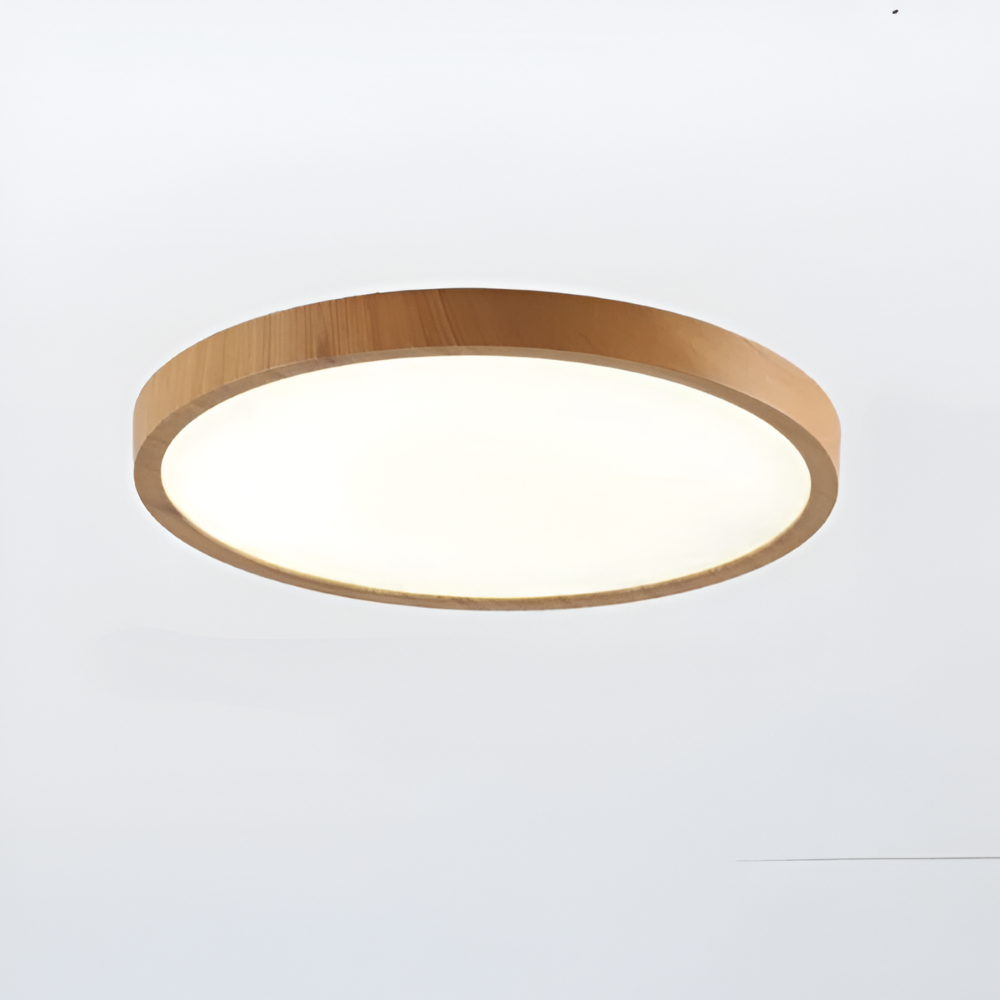 Lampe plafond LED ronde ultrafine effet noyer, design minimaliste et haute luminosité.