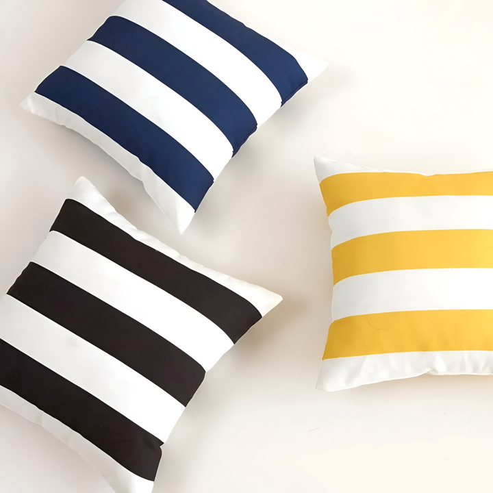 Housse de coussin en polyester rayée, imperméable, décoration moderne pour extérieur, jardin et terrasse. Facile à entretenir.