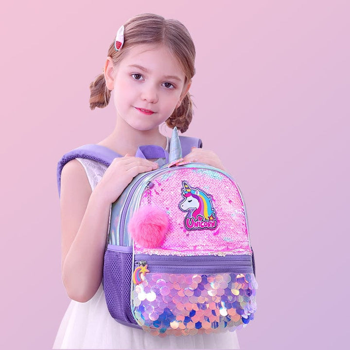 Cadeau fille: cartable licorne rose et bleu, paillettes réversibles. Sac à dos primaire/maternelle tendance.