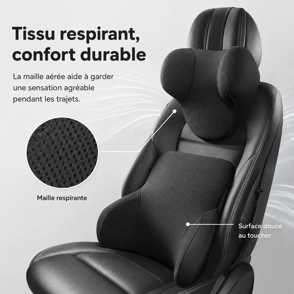 Soutien lombaire Drive Ease ergonomique, idéal pour voiture et voyages, soulage le dos.