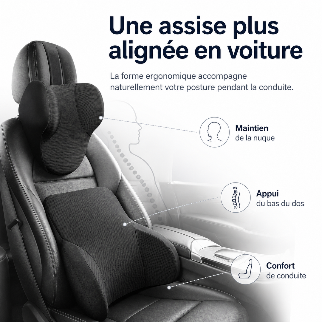 Coussin de dossier Drive Ease pour voiture, améliore la posture et le confort de conduite.