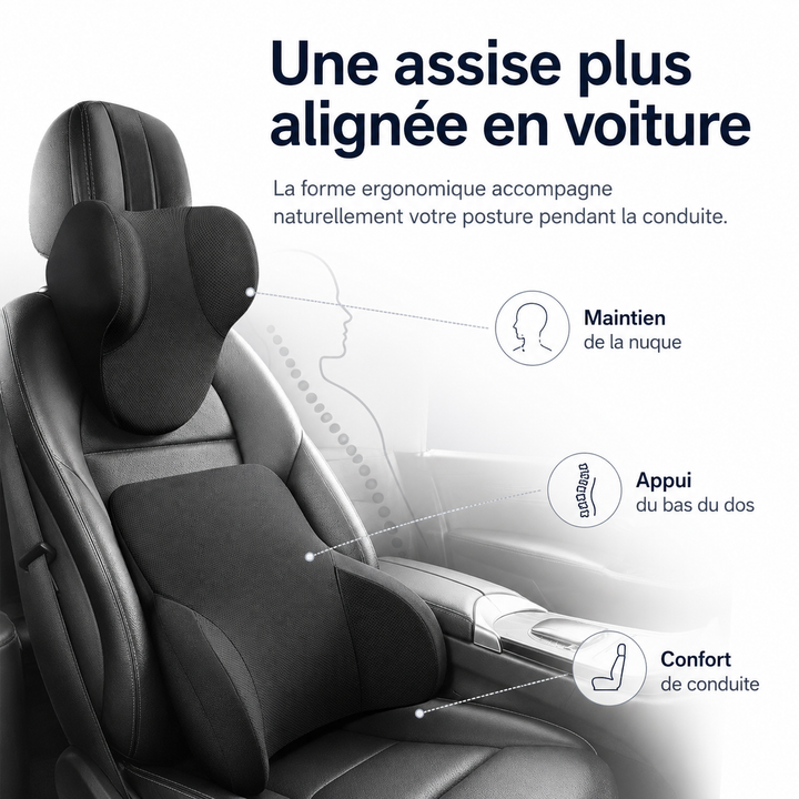 Coussin de dossier Drive Ease pour voiture, améliore la posture et le confort de conduite.