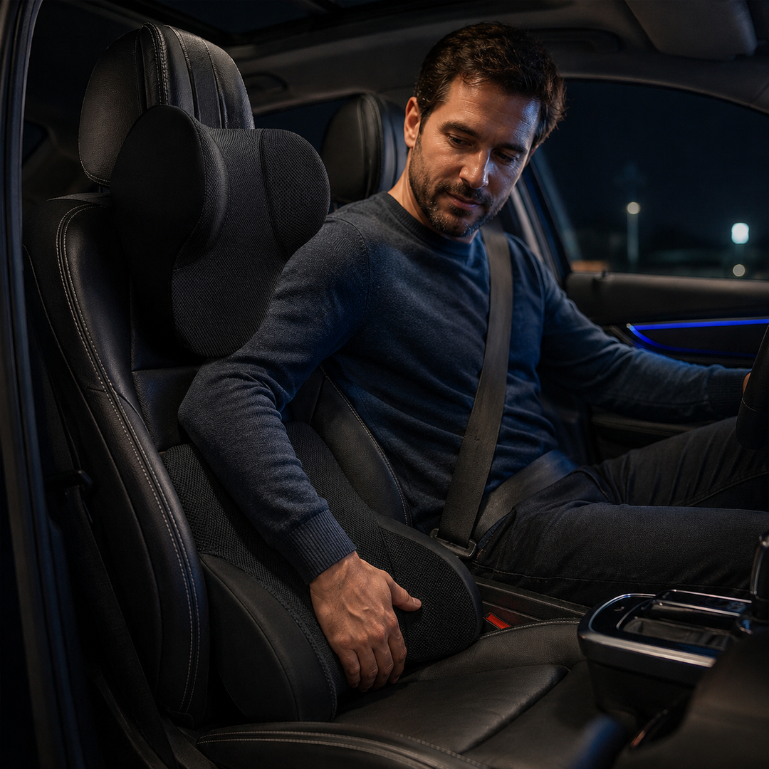 Accessoire voiture: coussin lombaire Drive Ease, soutien ergonomique pour longs trajets.