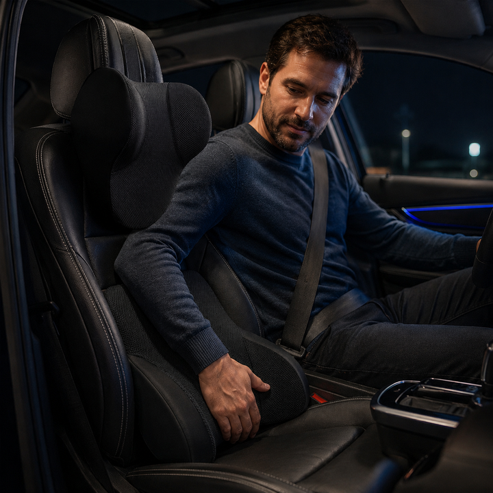 Accessoire voiture: coussin lombaire Drive Ease, soutien ergonomique pour longs trajets.
