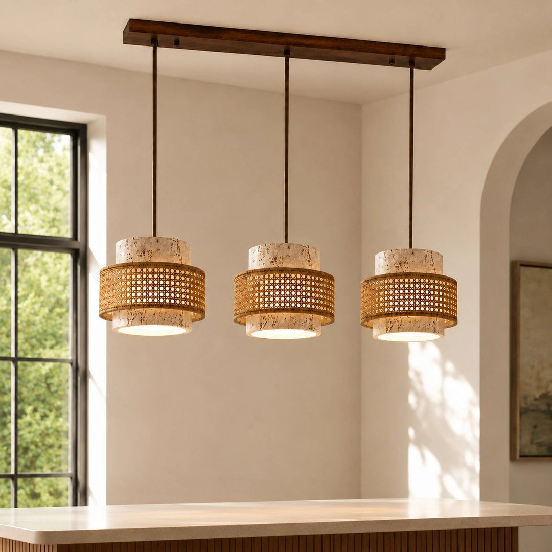 Suspension E27 travertin noir, design cylindrique épuré, luminaire intérieur.