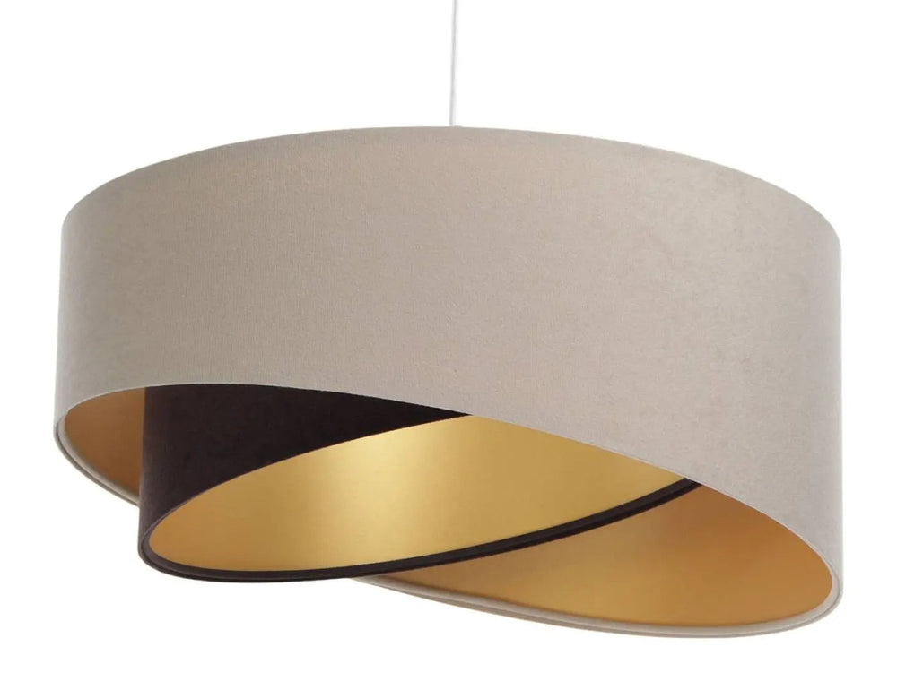 Luminaire suspension double abat-jour, design beige et doré, idéal pour salon, chambre ou salle à manger.