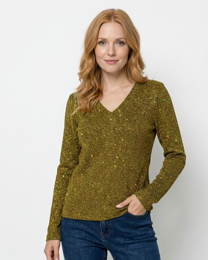 Blouse femme en paillettes fines, légère, col V profond, manches longues, pour une élégance estivale.