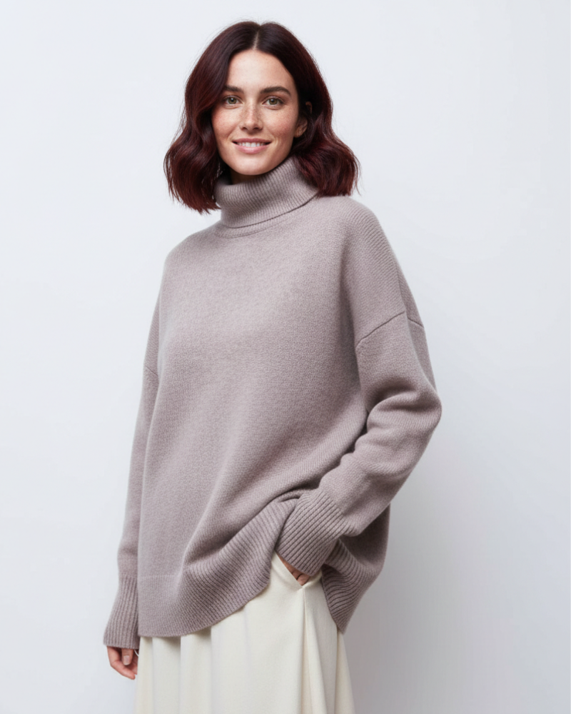 Pull tricot femme maille épaisse, coupe oversize et col roulé, chaud pour un look mode hiver-automne décontracté.