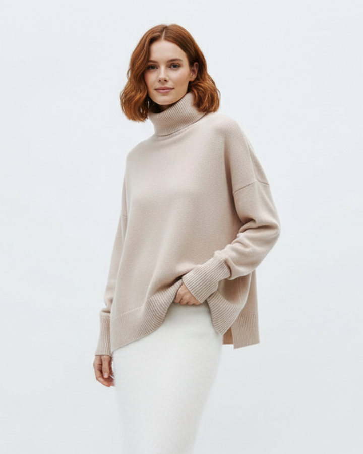 Pull femme chaud oversize tricoté, col montant cocooning, parfait pour un style décontracté chic automne-hiver.