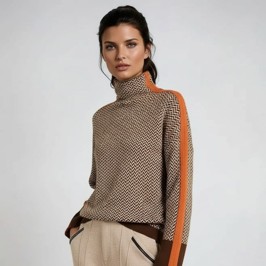 Pull col roulé femme à rayures contrastantes, élégant et chaud pour l'hiver.