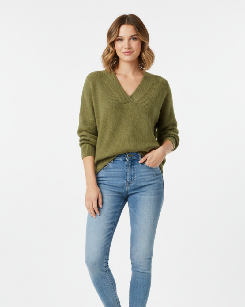 Pull femme doux et polyvalent à col V, idéal pour un confort décontracté et élégant au quotidien.