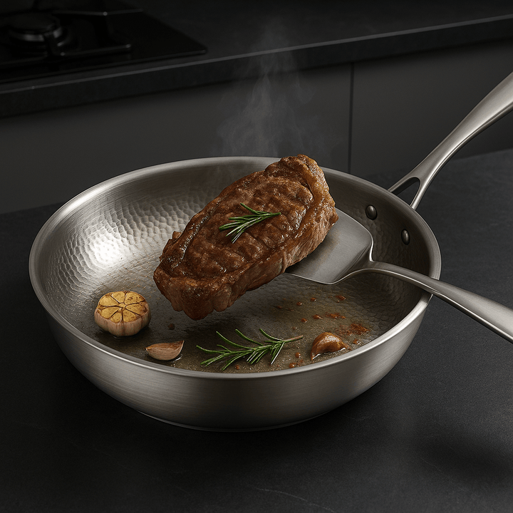 Poêle en titane TITAN-PREMIUM sans revêtement, idéale pour une gastronomie saine et une durabilité accrue.