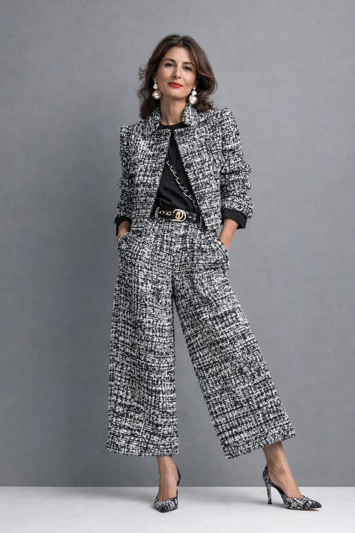 Tenue féminine distinguée: ensemble en tweed avec veste courte et pantalon large, pour un style sophistiqué.
