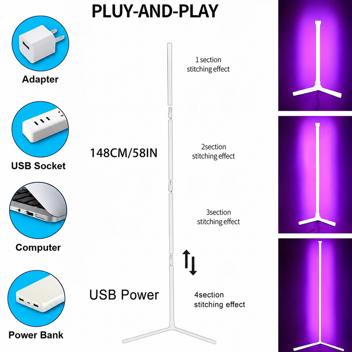 Lampe d'angle LED RGB 148cm. Éclairage de sol intelligent et connectée, créant une ambiance moderne pour salon/chambre.