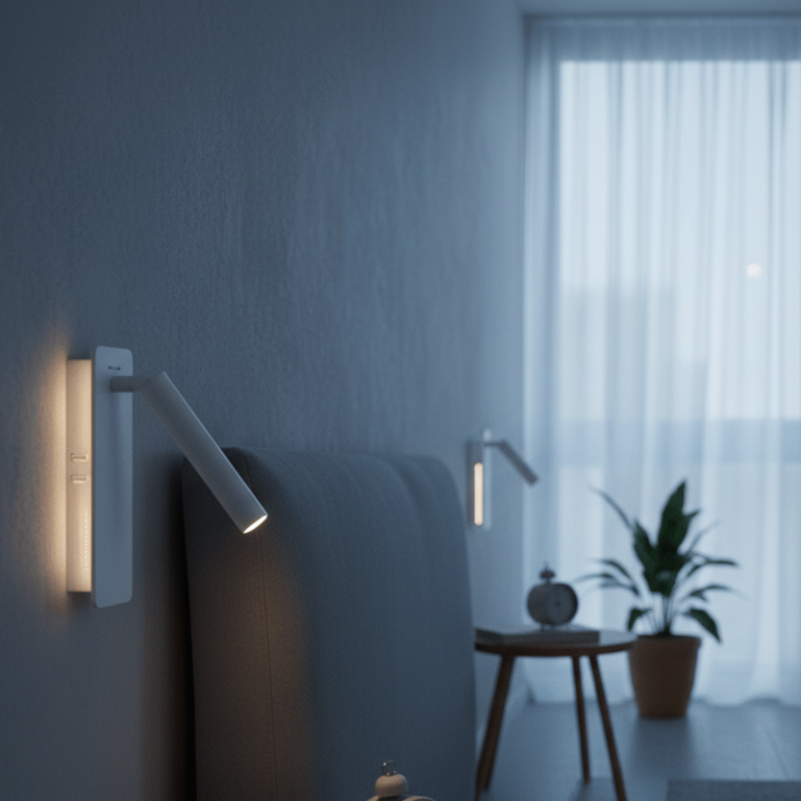 Lampe de chevet LED moderne avec tête rotative, offrant un éclairage intérieur ajustable pour chambre.