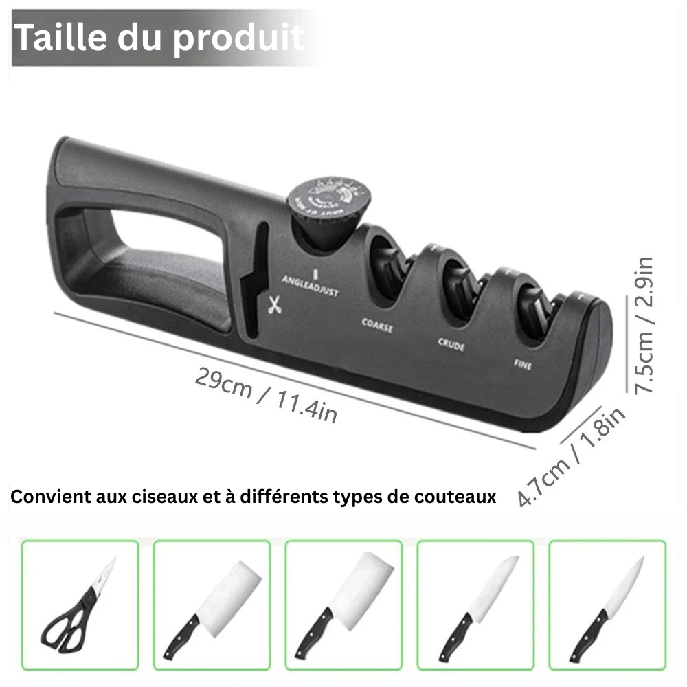 Affûteur de couteaux 4-en-1 en action: utilisateur aiguisant une lame de cuisine pour un tranchant optimal.