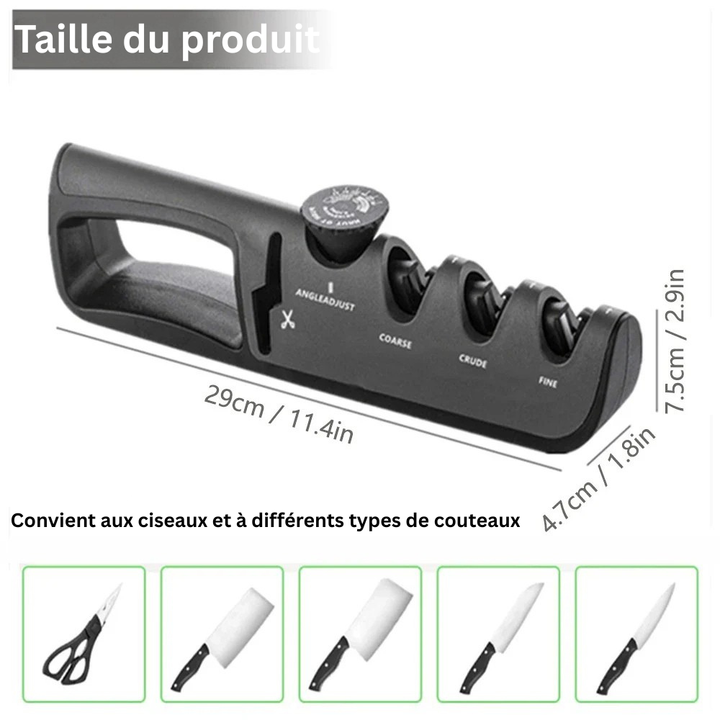 Affûteur de couteaux 4-en-1 en action: utilisateur aiguisant une lame de cuisine pour un tranchant optimal.