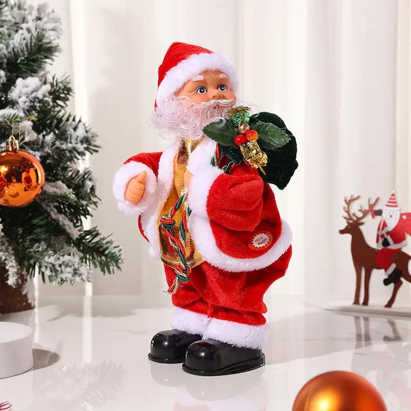 Gnome de Noël dansant animé avec musique festive, décoration joyeuse pour ambiance intérieure.