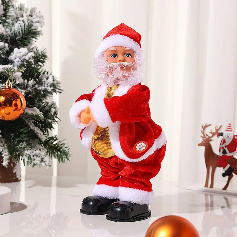 Adorateur gnome de Noël animé, parfait ornement festif en peluche pour votre décoration.