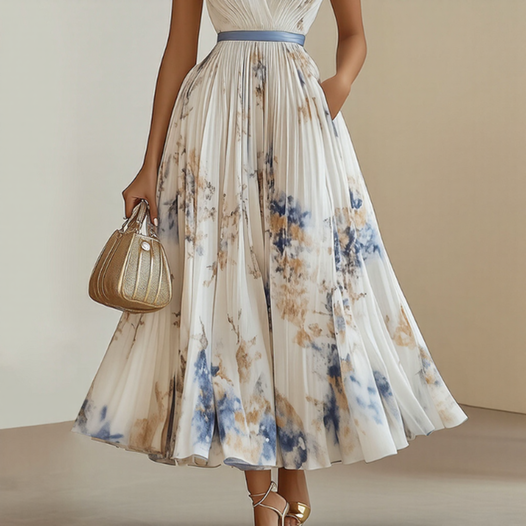 Élégante robe midi Elara femme, col V, sans manches, fluide, parfaite pour les événements estivaux.