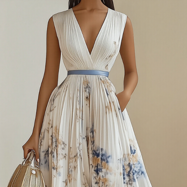 Robe Elara midi pour femmes, chic, col V, sans manches, idéale pour toute occasion estivale.