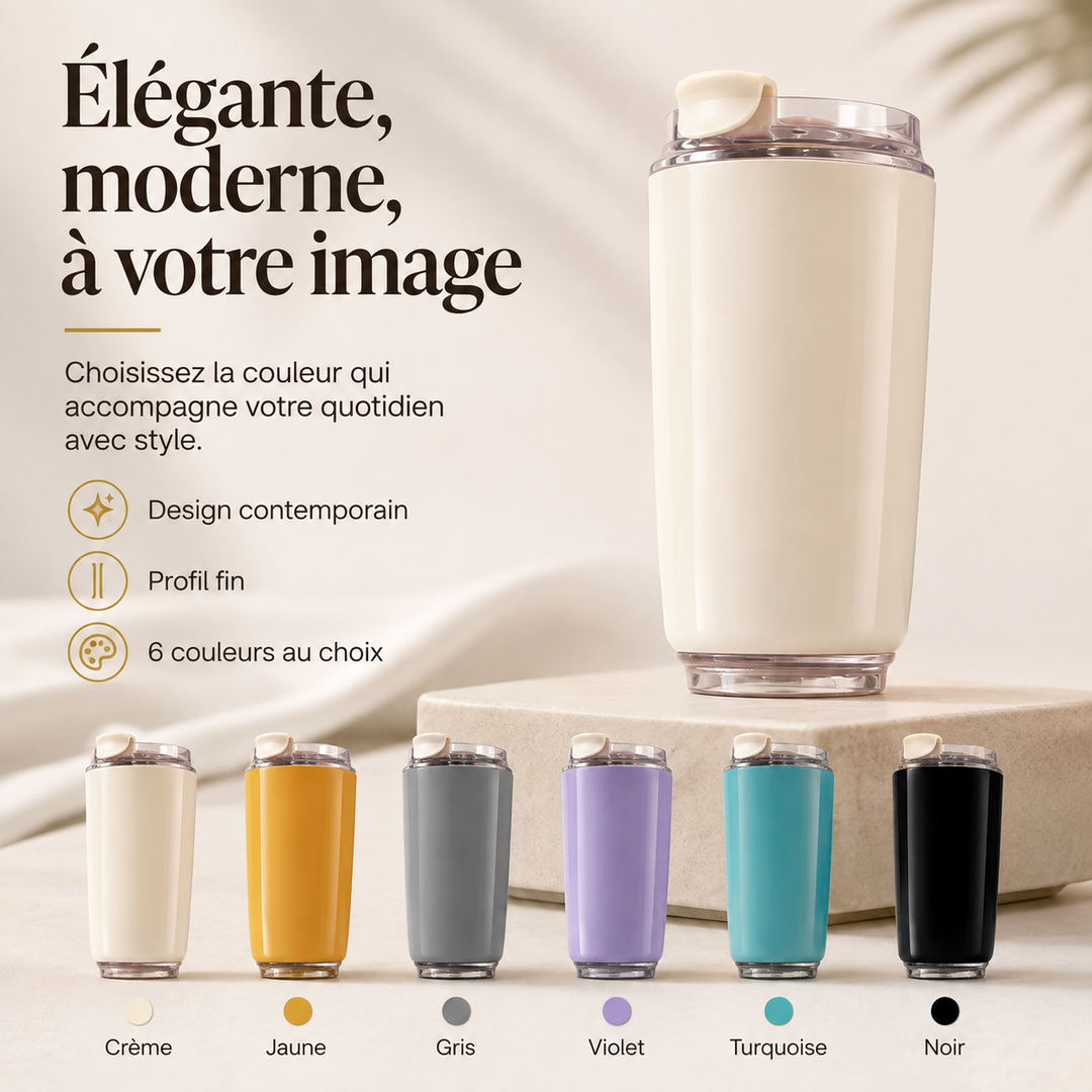Tasse isotherme pour le bureau. Garde votre café ou thé chaud plus longtemps. Design élégant et sans BPA.