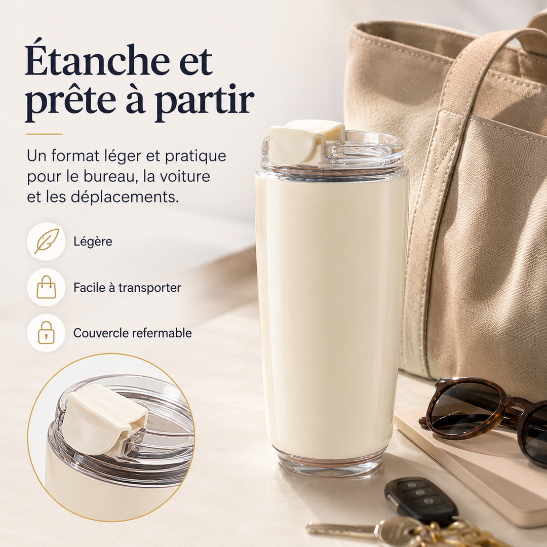Tasse de voyage isotherme, étanche et robuste, idéale pour café/thé lors de vos trajets. Acier inoxydable.