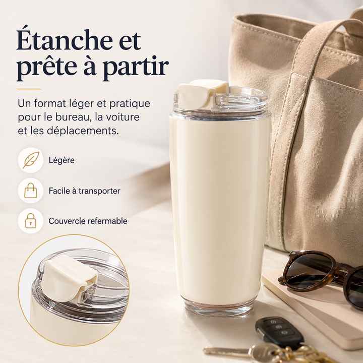 Tasse de voyage isotherme, étanche et robuste, idéale pour café/thé lors de vos trajets. Acier inoxydable.