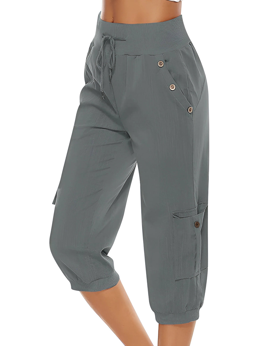 Pantalon capri vert femme, confortable et respirant, idéal pour l'été et le style décontracté.