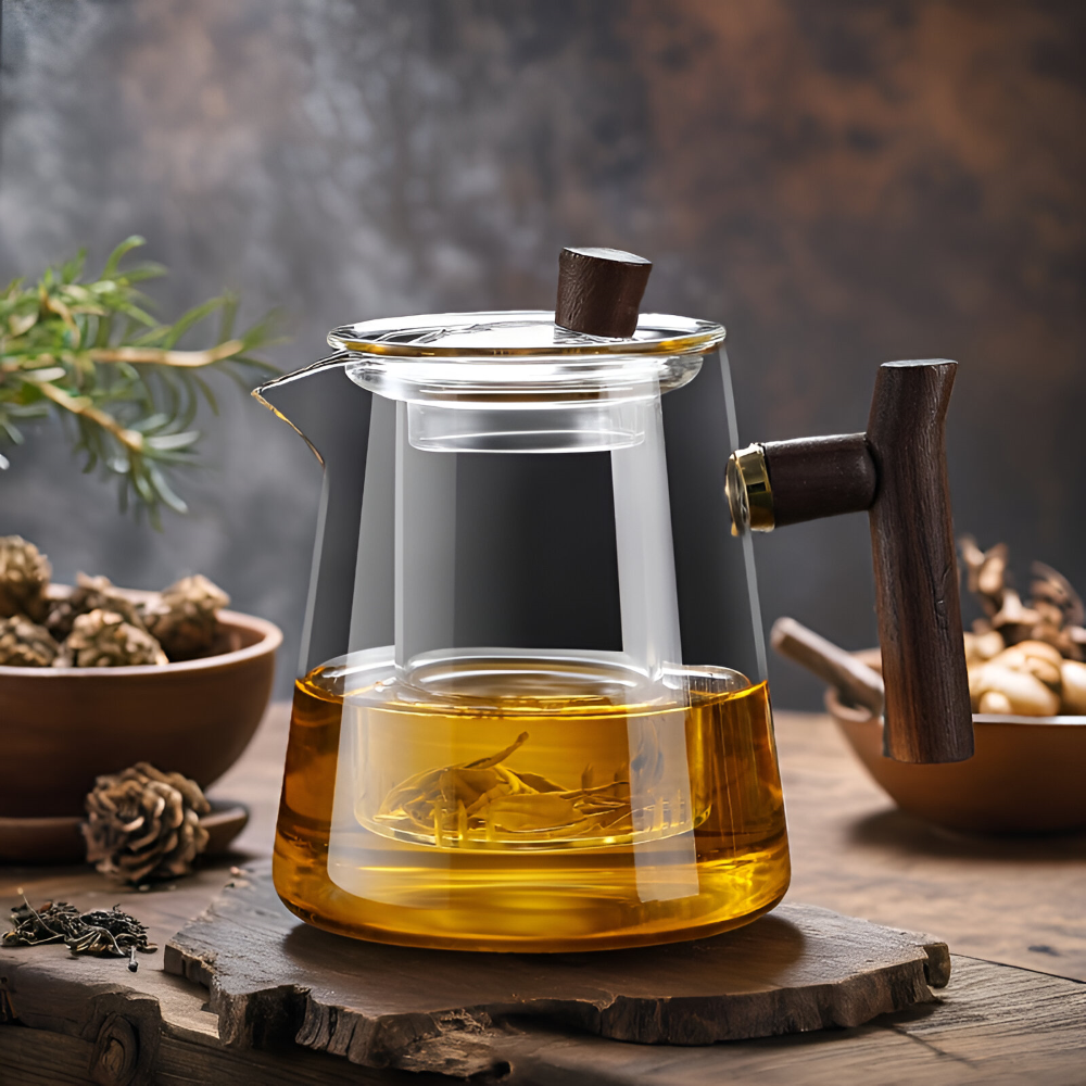 Verrerie moderne: Théière en verre transparent, filtre infuseur et poignée bois. Idéal thé en vrac.