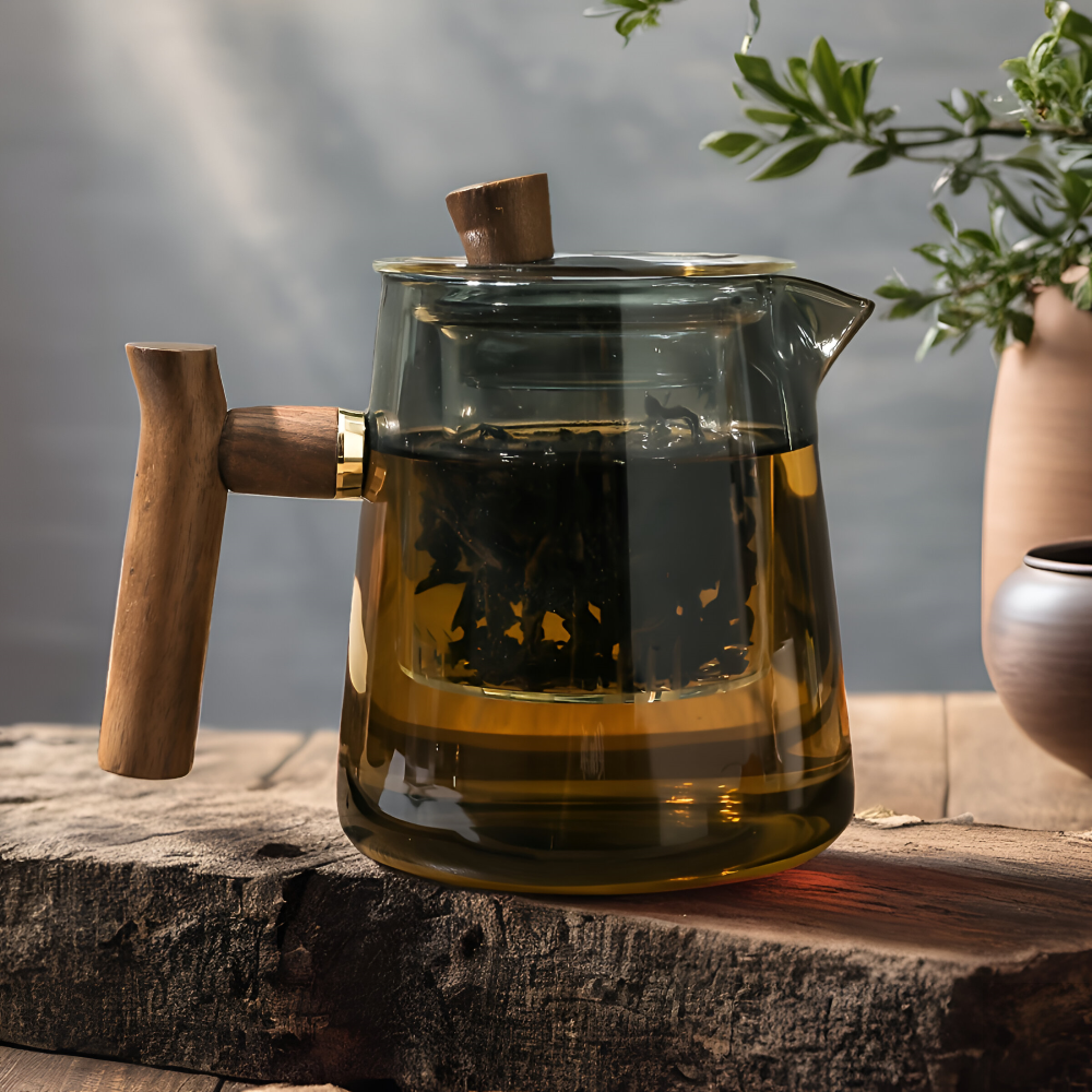 Cadeau idéal: Théière en verre de qualité avec infuseur et poignée en bois élégante.