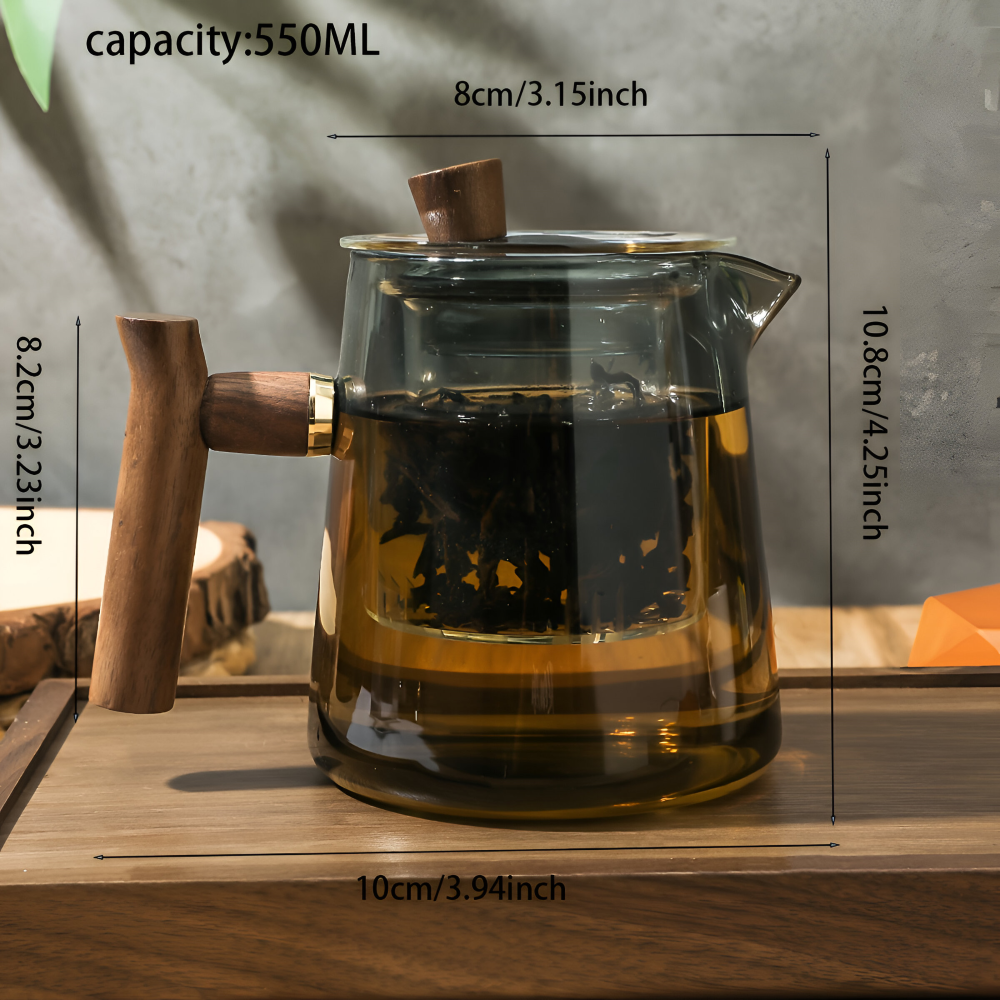 Théière en verre transparente, poignée en bois ergonomique et filtre infuseur fin. Pour toutes vos infusions.