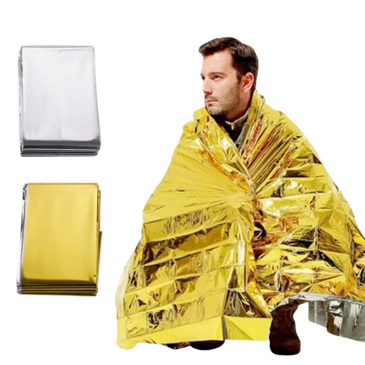 Poncho de survie ThermaShield, protection thermique et étanche pour urgence, camping et randonnée.