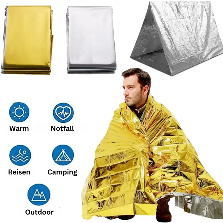 Poncho d'urgence thermique ThermaShield léger, réutilisable pour bivouac et extérieur.