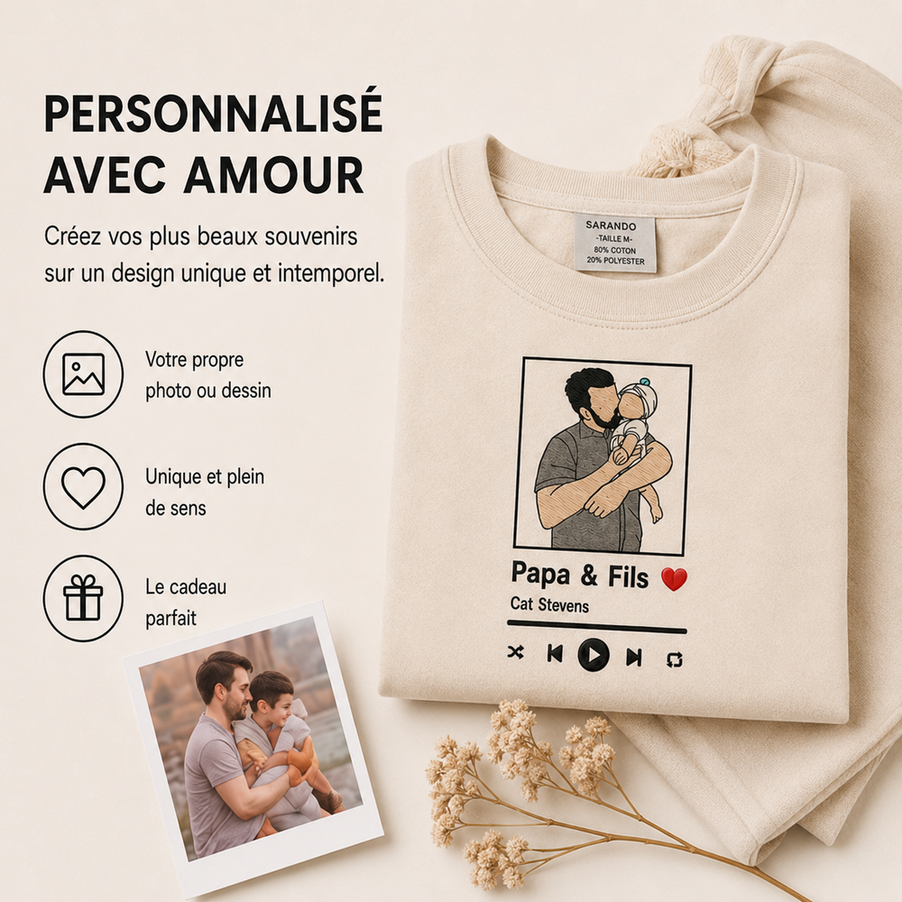 T-shirt personnalisé avec portrait photo brodé, cadeau unique et souvenir mémorable.