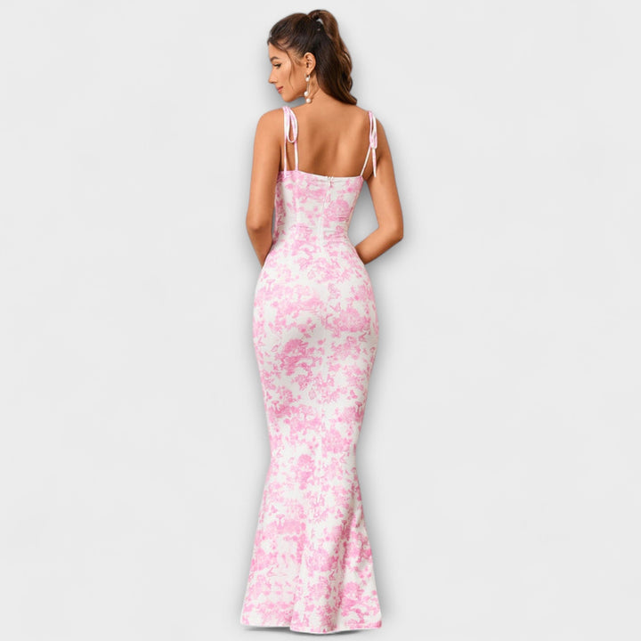 Chic robe longue femme fleurie, bretelles nouées. Idéale pour bal, soirée, ou été.