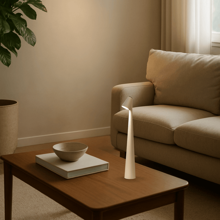 Lampe de table LED sans fil Lumora, lumière dimmable, rechargeable, design moderne, parfaite pour un salon élégant.